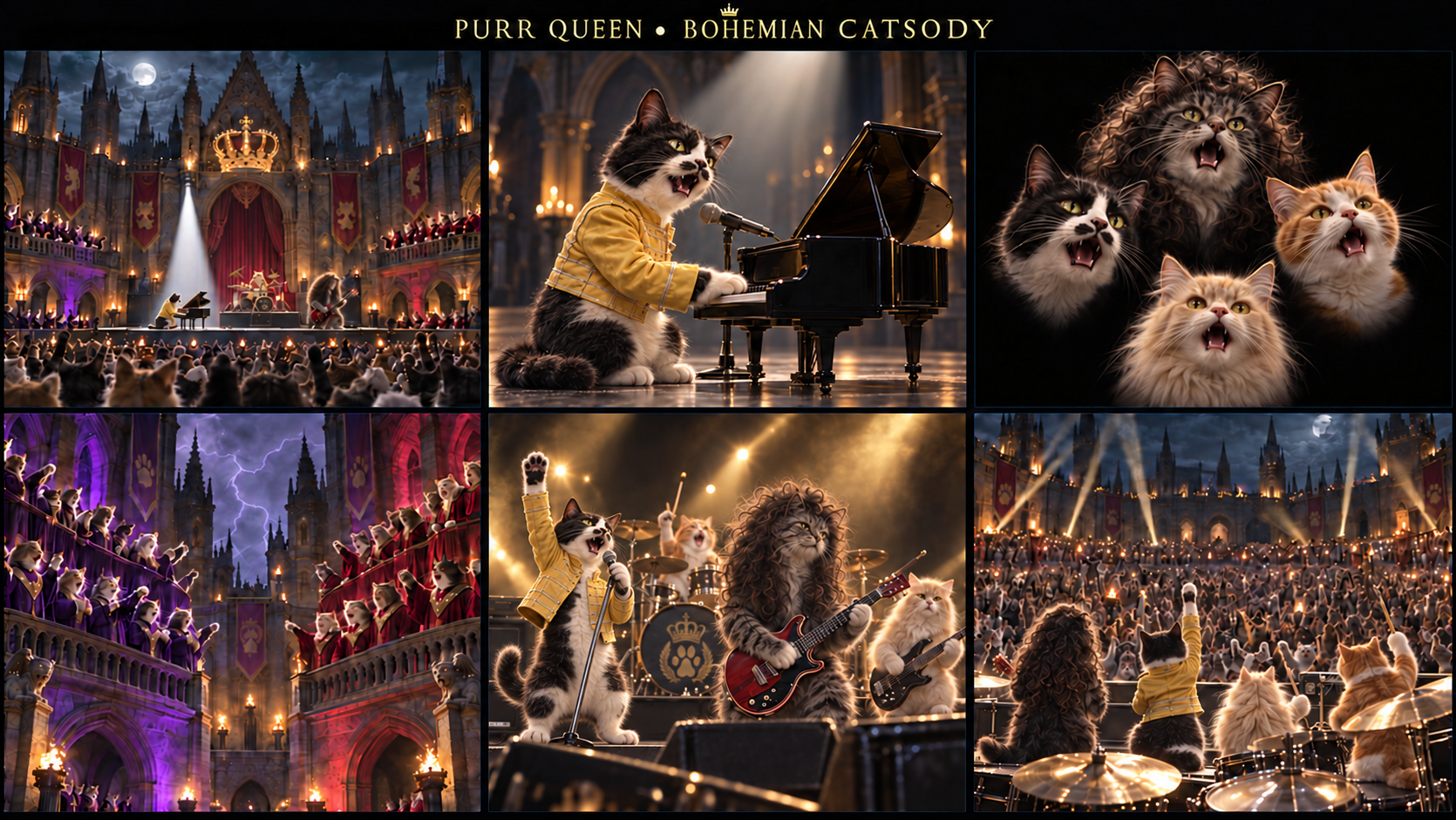 Purr Queen castle concert mockup with Freddy at a miniature piano, four distinct cat faces, rival cat choirs, a curly-haired guitarist and an enormous feline crowd